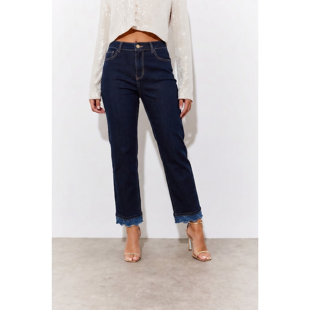 LOGO by Lori Goldstein Womens Dark Indigo Straight Leg Jean Lace Trim Hem Size 4